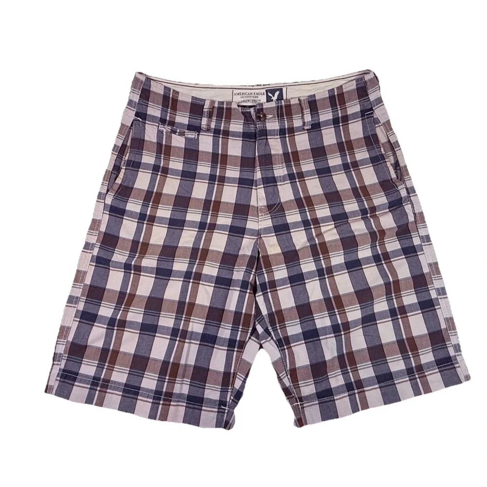 American Eagle Plaid Shorts Mens 36 Brown Blue Flat Front Casual Preppy Chino